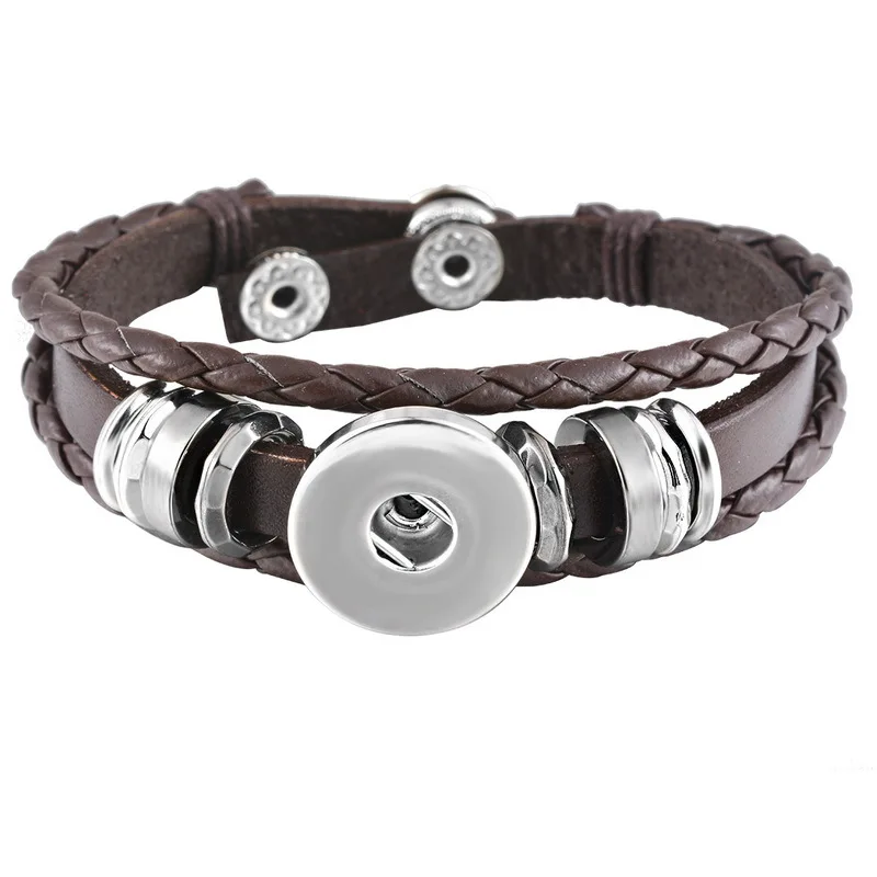 Handmade Black Snap Leather Bracelets Fit Snaps Buttons 18mm Adjustable