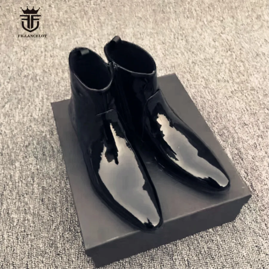 

20ss Luxury Handmade Pointed Toe Mid-calf Genuine Leather Patent Cow Leather Zip Men Boots Comfortable Slim punk Boots