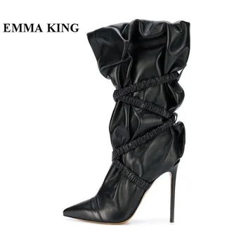 

EMMA KING 2020 New Brand Design Pleated Women Boots High Heels Pointed Toe Boots Cross-tied Black Fashion Booties Women