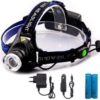 

New Arrival 2000 Lumens Xml T6 Led Headlight Headlamp Waterproof Head Torch + Car charger + AC charger+ 18650 batteries