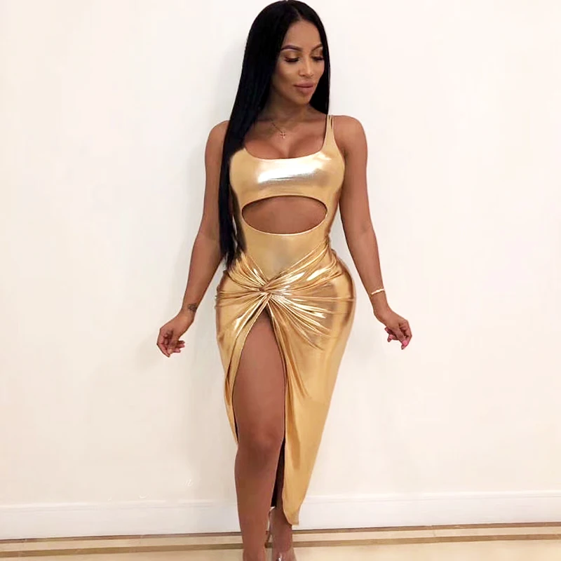 

Gold and Silver Color Ladies Sexy 2 Pieces Bodycon Ankle Length Dress Bodysuits Club Night Dress