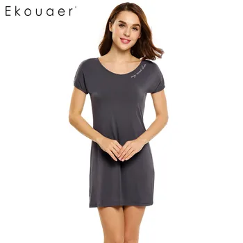 

Ekouaer Cotton Nightgown Women Short Sleeve Letter Embroidery Nightdress Casual Sleepwear Sleep Lounge Dress Solid Home Dress