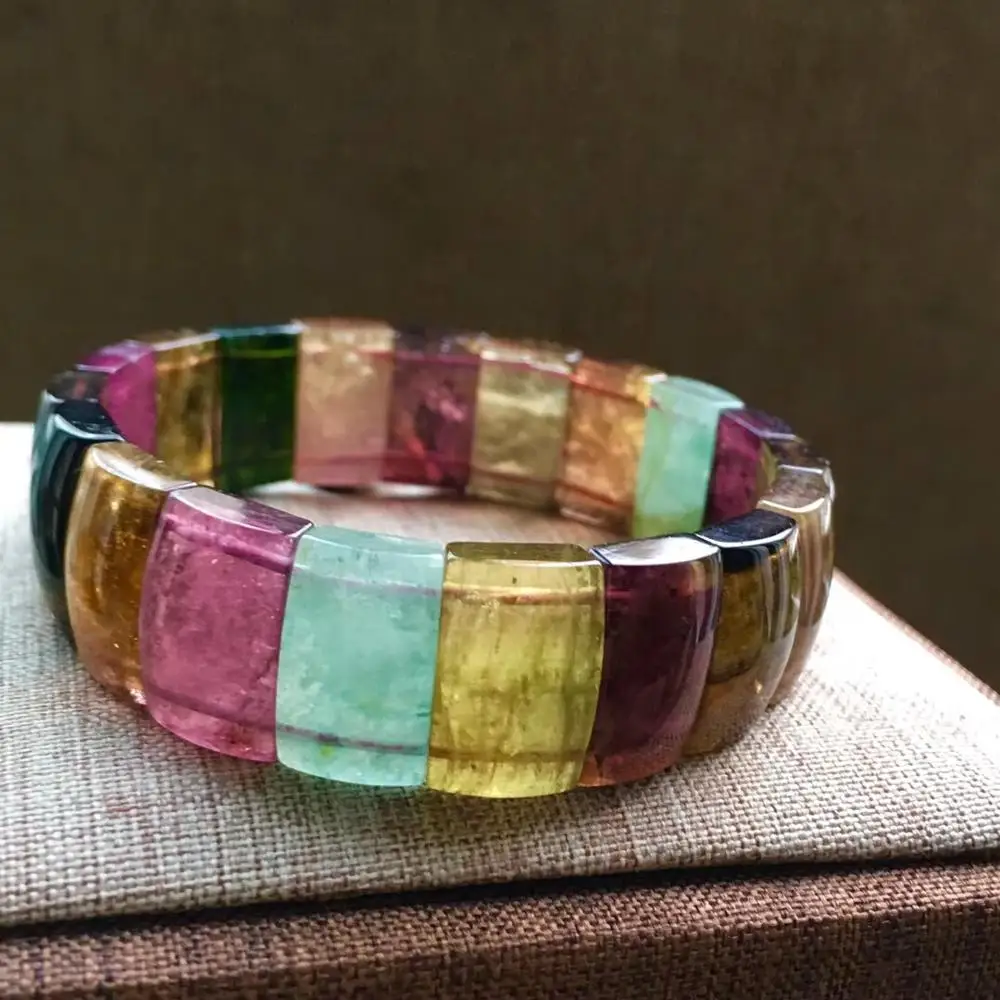 

Natural Brazil Colorful Tourmaline Bracelet Women Men Rectangle Beads 17x11.5mm Crystal Gemstone Bangle Bracelet Jewelry AAAAA