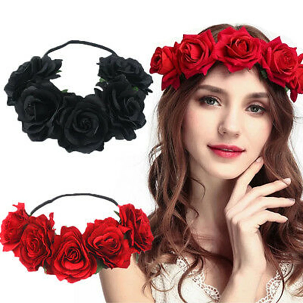 

Simulation Rose Flower Hair Band Garland Crown Headband Headwear Bridal Hair Band Christmas Carnival Party Headgear Wreath