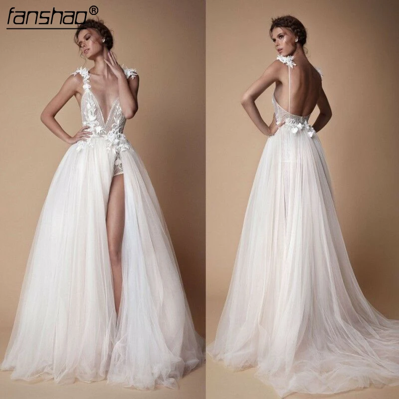 

Muslim Wedding Dresses Deep V-Neck Lace Illusion Flowers Slit Dubai Arabic Boho Wedding Dress Bridal Dress