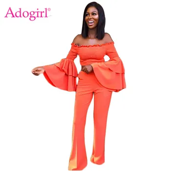 

Adogirl 2018 Autumn Winter Women Two Piece Set Slash Neck Off Shoulder Ruffle Bell Sleeve Crop Top Wide Leg Flare Pants Outfits