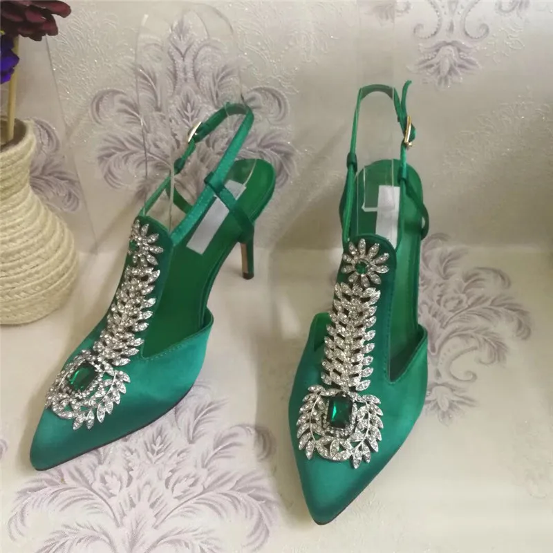 Новые Зеленые атласные пикантные женские туфли-лодочки на высоком каблуке роскошная женская одежда для подиумов и вечеринок со стразами и стразами