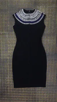 

Black Color Ladies HL Bandage Dress Sleeveless Handmake Beading Sexy Bodycon Mini Dress Elegant Party Evening Dress
