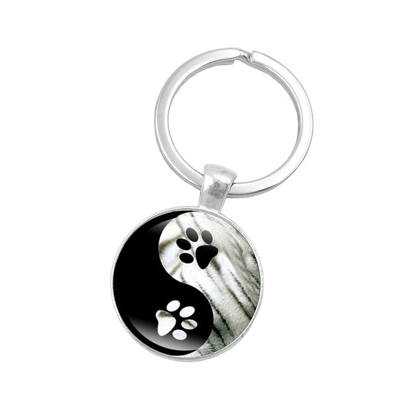 

Yin Yang Tai Chi Keychain Cute Pet Dog Paw Print Picture Glass Pendant Key Chain Popular Glass Pendant