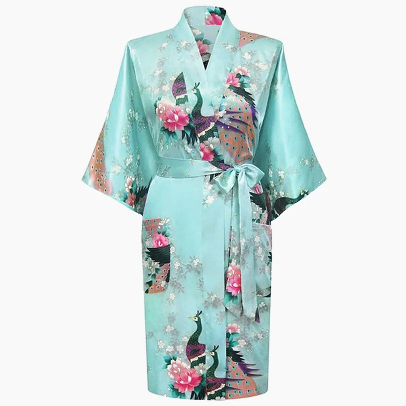 Hot Sale Light Blue Female Satin Polyester Robe Chinese Floral Bath