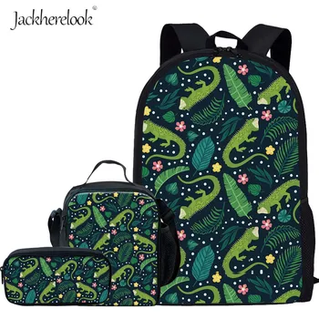 

Jackherelook Green Iguana Party Pattern 3PCS Set Schoolbags Kids Boys Girls Casual Orthopedic Satchel Students Large Backpacks