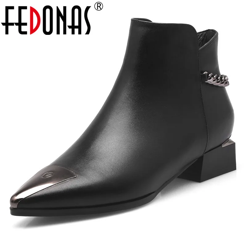 

FEDONAS Brand Basic Ankle Boots For Women Genuine Leather Autumn Winter Martin Shoes Woman High Heels Chains Motorcycle Boots