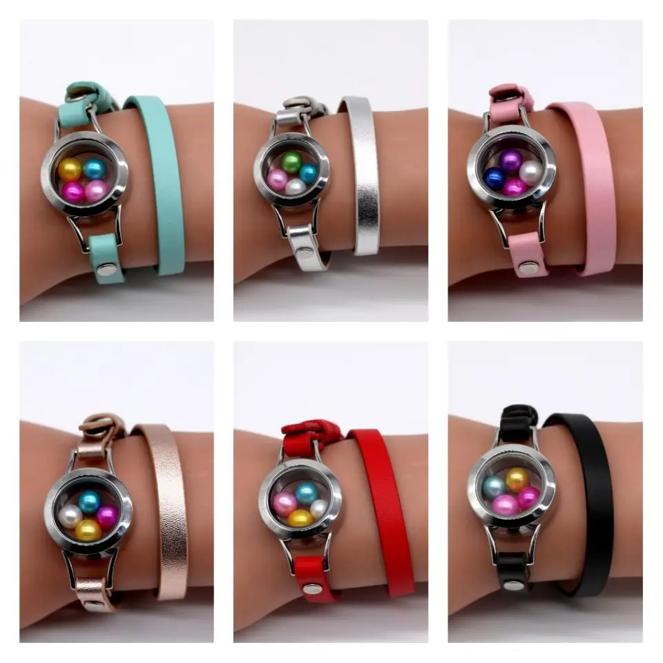 

Newest Waterproof Locket Leather Bracelets! 25mm Stainless Steel Round Locket and Wrap Real Leather Bracelet 7 Colors Available