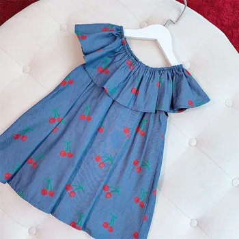 

2019 New Summer Petal Sleeve Denim Cotton Soild Blue Girls Princess Dress for Baby Girl Kids Boutique Cherry Style Denim Dress