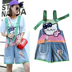 Colorful Cartoon sequin denim jumpsuit romper Women hollow out overalls Summer 2018 Loose denim Cute Party rompers tops NS942