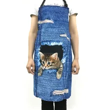 FORUDESIGNS Cute 3D Denim Cat Apron for Women Men Funny Blue Denim Dog Kitchen Sleeveless Apron Home Cleaning Cooking bbq Aprons