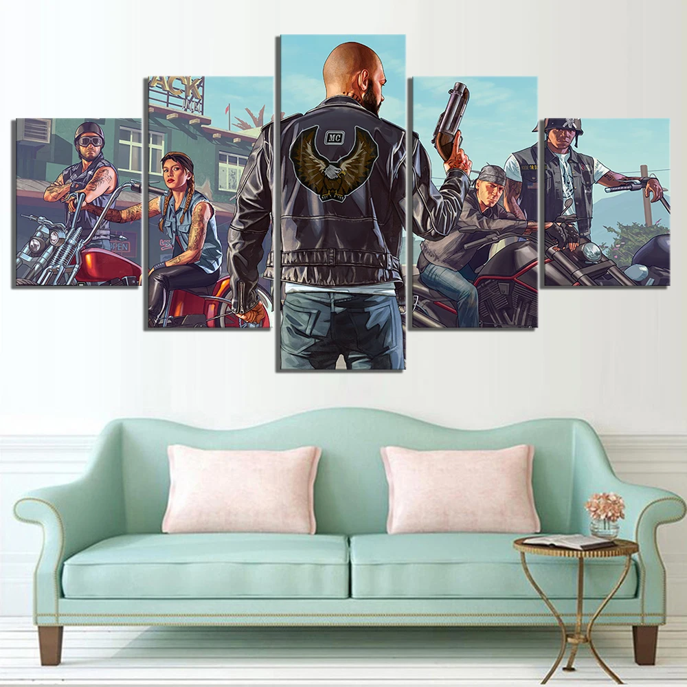 

HD Cartoon Picture 5 Piece Grand Theft Auto V Game Poster Artwork Canvas Paintings GTA Games Art Pint HD Pictures for Wall Decor