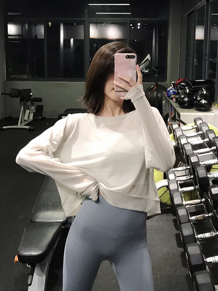 

2019 summer women gray stand up collar long sleeve t shirt sports outdoor running gym fitness sexy pullovers casual clothing