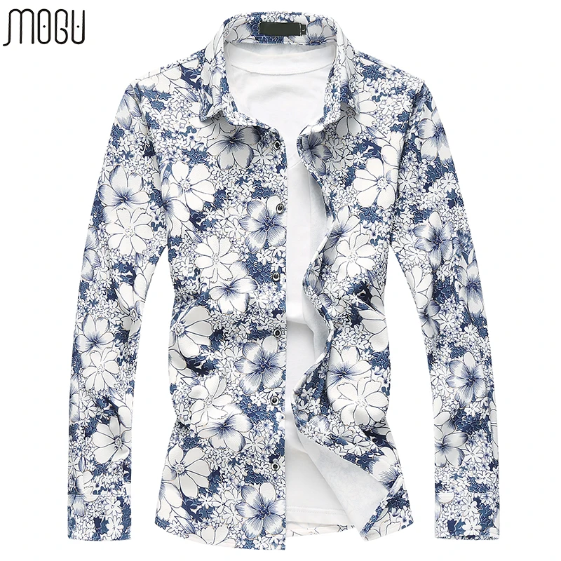 

MOGU Long Sleeve Floral Casual Shirts For Men 2017 Autumn New Fashion Printed Hawaiian Shirts Slim Fit Asian Size Men's Shirts