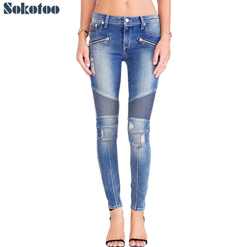 

Sokotoo Women's blue ripped skinny biker jeans High waist pleated spliced stretch denim pencil pants