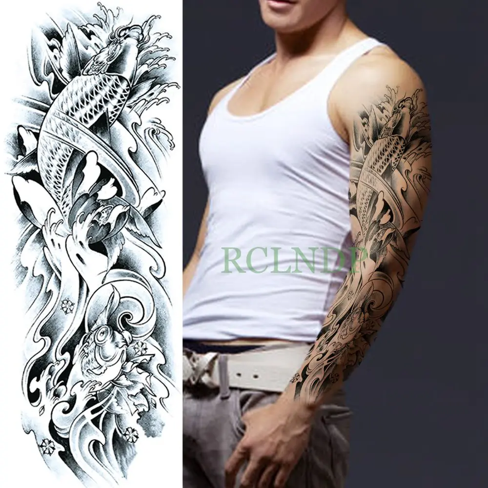 Водонепроницаемая временная татуировка наклейка рыбка крутая полная рука временная татуировка флэш-тату рукав большой размер тату для мужчин женщин леди - Цвет: Монохромный