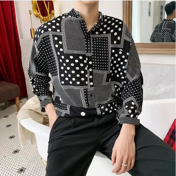 M-xl! Летняя мода с геометрическим рисунком волнистый горошек подставка для печати воротник короткий рукав рубашка мужская Свободная рубашка