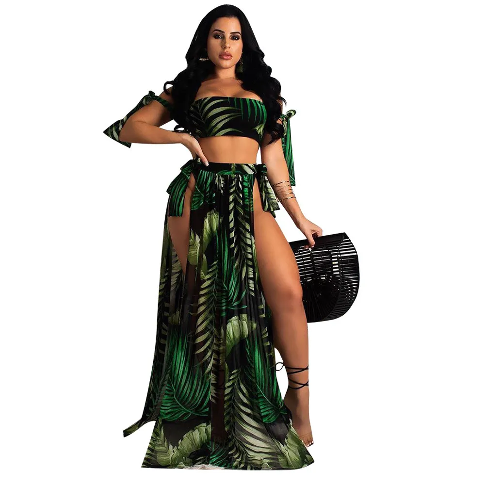 

Women Sexy Three-Piece Swimsuit Printed Tie Beachwear Summer Wrap Top + Briefs + Long Skirt Sets Female Bohe Bodysuits Playsuits