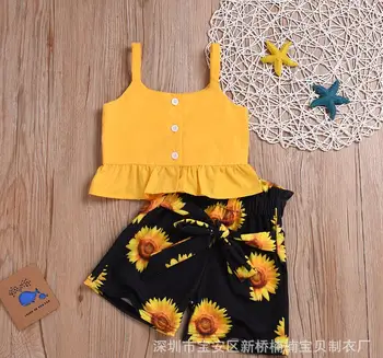 

Infant Baby Girls Clothes Summer Outfits Cotton 2Pcs Fashion Vest Tops+ Sunflower Elastic Waist Shorts Baby Girl Sets