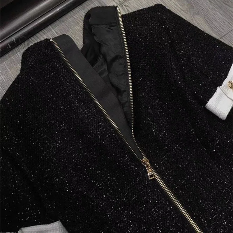 TWOTWINSTYLE Patchwork Feather Hem Dress Women Zipper Turtleneck Short Sleeve Single Breasted Dresses Female 2018 Autumn Fashion TWOTWINSTYLE Patchwork Feather Hem Dress Women Zipper Turtleneck Short Sleeve Single Breasted Dresses Female 2018 Autumn Fashion