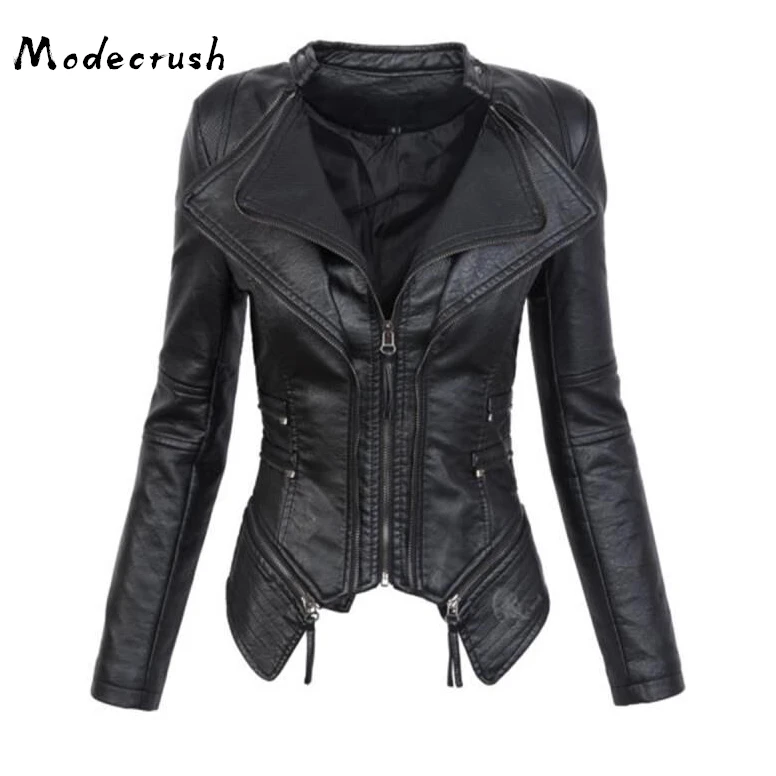 

Modecrush Women Black Faux Leather Jacket Female Gothic Style Zipper Autumn Winter PU Motorcycle Jacket Lapel Outerwears