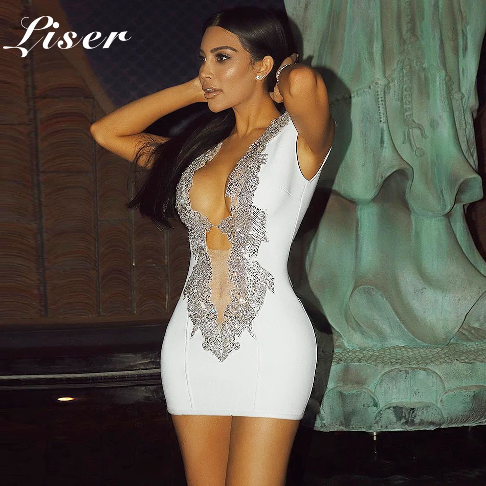 

Liser 2018 New Summer Women Dress Strapless Sequined Bandage Dress Sexy Bodycon Chic Celebrity Party White Black Dresses Vestido