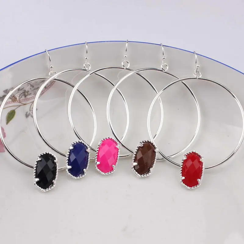 

ZWPON 2018 New Silver Big Circle Mini Oval Stone Drop Earrings Fashion Jewelry Cute Multicolor Oval Dangle Earrings for Women