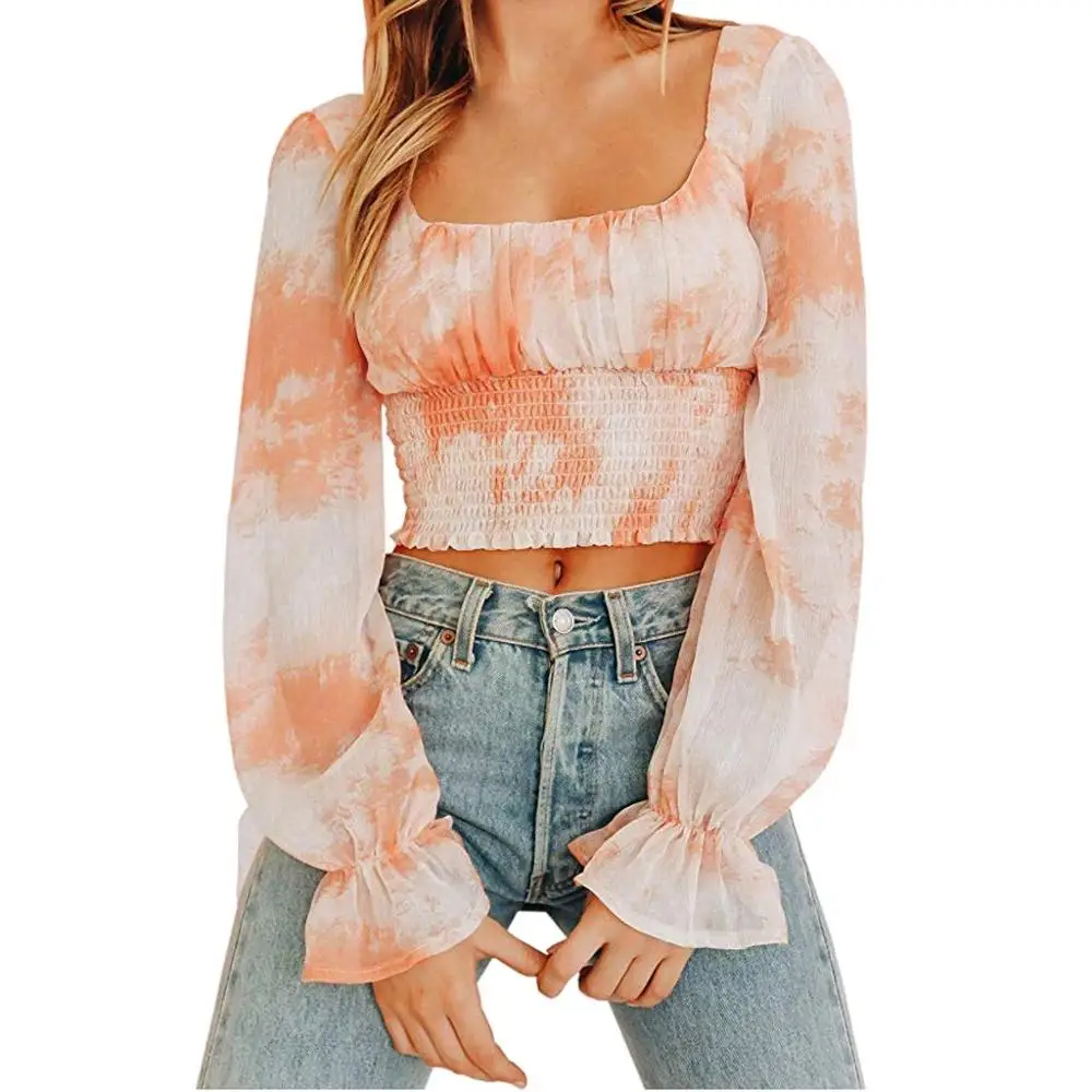 

Plus Size Fashion Women's Tie Dyeing Sexy Cropped Long Flare Sleeve T-shirt Casual Slash Neck Vintage Top For Ladies Autumn