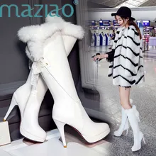 Зимние водонепроницаемые сапоги до колена на меху, на высоком каблуке, с круглым носком, белого и черного цвета пикантные модные рыцарские женские сапоги на тонком каблуке MAZIAO