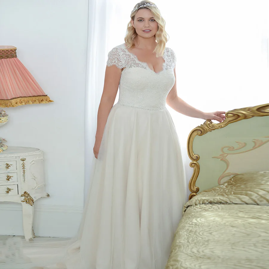 

ADLN Elegant Plus Size Wedding Dresses Open Back Cap Sleeve Beading A-line Tulle Wedding Dress vestido de noiva Zip Back