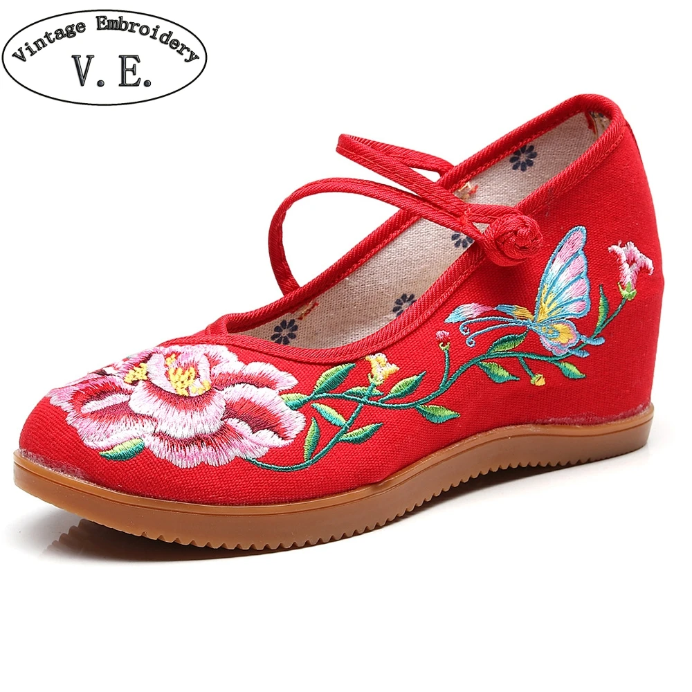 

Vintage Embroidery Women Pump Shoes Chinese Bride's Ethnic Wedding High Heel Shoes Peony Embroidered High Top Wedge Shoes Woman