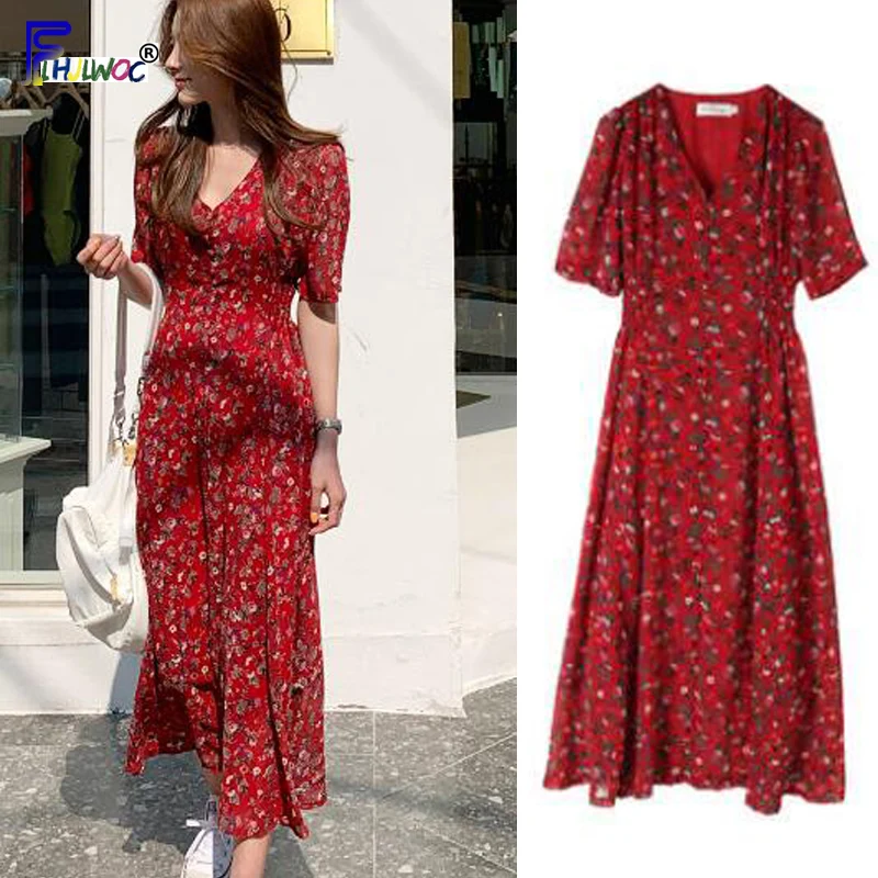 

Vintage Dresses Red Hot Woman Fashion Korean Style Design Slim A Line Temperament Lady Chiffon Floral Print Dress Long 610