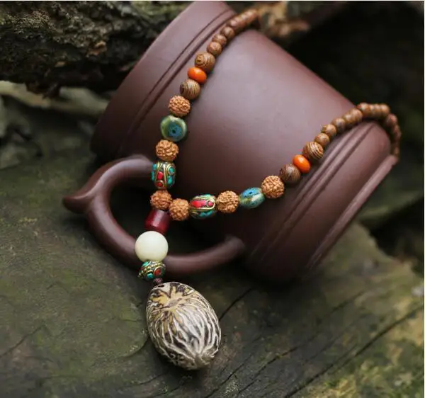 

108 Pcs Of Sandalwood Buddha Beads Long Necklace ,Nipal Steel Beads Rudraksha Necklace,Handmade Buddhism Necklace