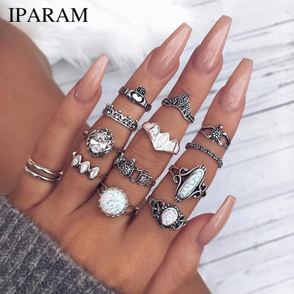 

IPARAM 12 PCS/Set Vintage Natural Opal Stone Midi Ring Set For Women Fashion Anillos Heart Crown Knuckle Rings Boho Jewelry