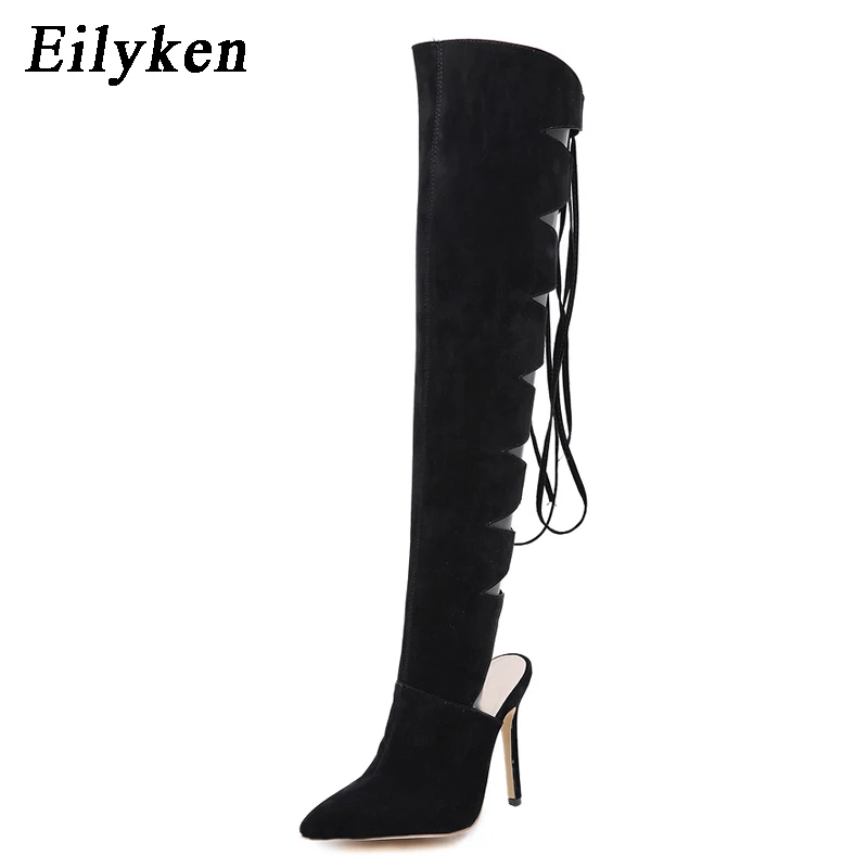 

Eilyken Autumn Womens Over The Knee Thigh High Lace-Up Boots Pointed Toe Cross-tied Women Motorcycle Boots Black Size 35-40