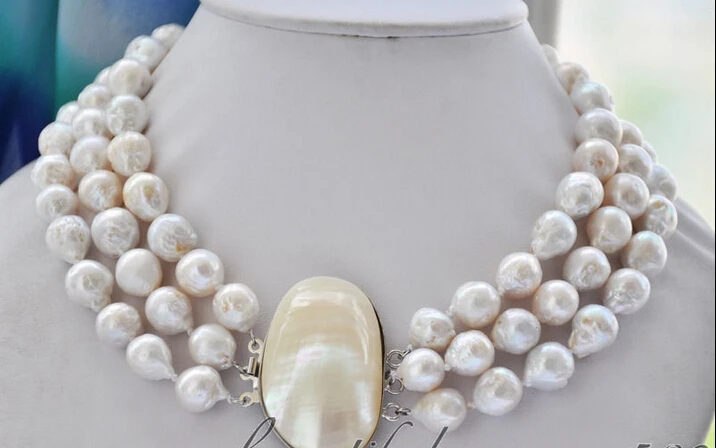 

Free shipping@@@@@ Az6681 3strands 13mm white almost round keshi reborn Edison pearl necklace a
