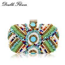 Двойной цветок Винтаж разноцветные камни Для женщин бисером вечерние сумочки-клатча Свадебная вечеринка Свадебная цепь плечо Сумочка Кошелек