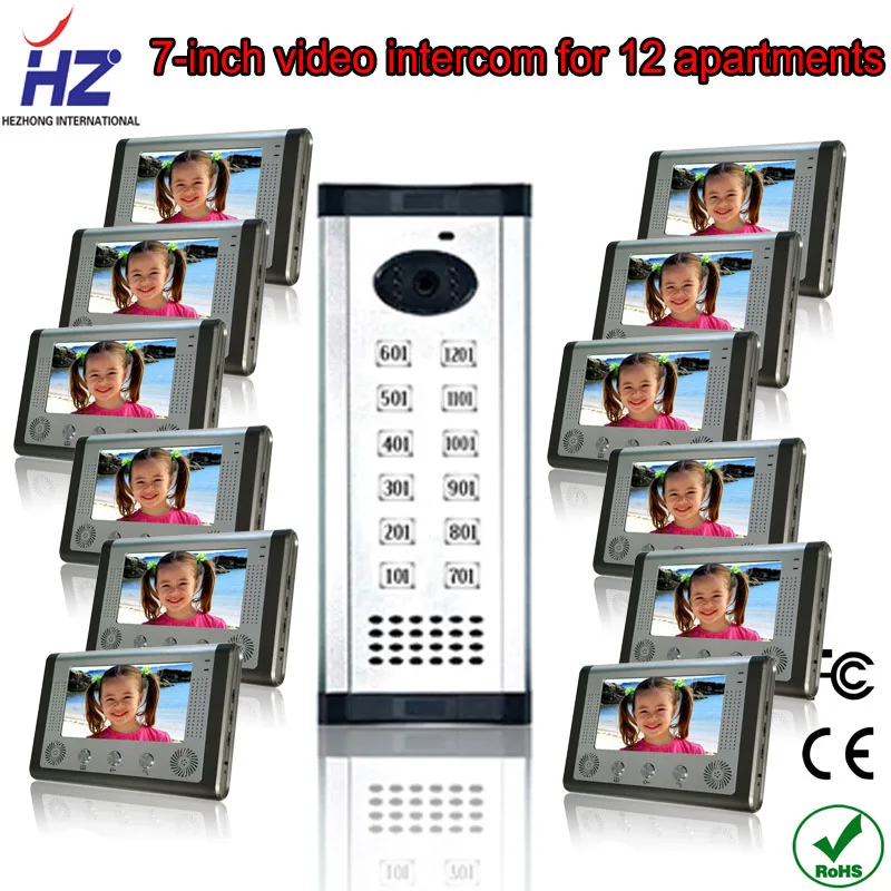 

Saful 7-inch Wired audio video door intercom system with night vision monitor doorbell for 12 apartments of 1 building