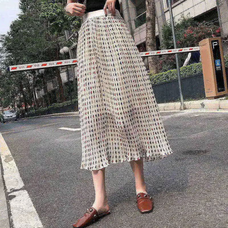 Корейская Новая женская летняя юбка высокая эластичность Бохо абрикосовая шифоновая юбка до середины икры Свободные повседневные длинные юбки для женщин - Цвет: Слоновая кость