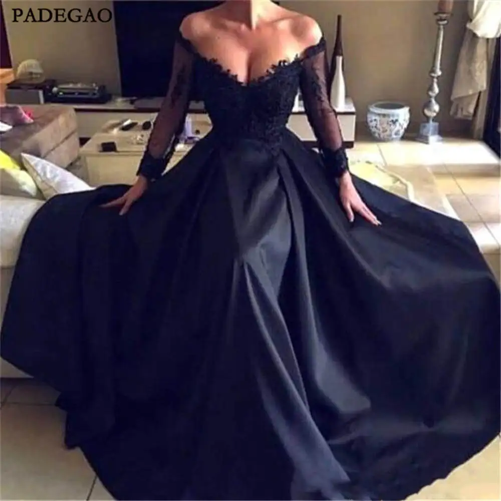 

Hot Sale Black Evening Dresses A-Line Appliques Long V Neck Off Shoulder Stain Floor Length Open Back Evening Dress Plus Size