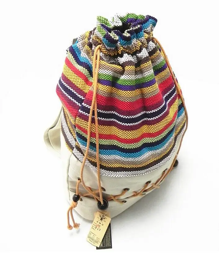 Original ethnic canvas sack pack lady cotton printed colorful backpack teenage straw string follow out strip bag