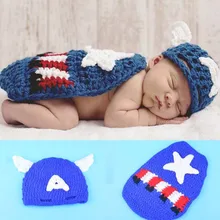 Crochet Pattern Captain America Newborn Photo Prop Outfit Knitted Baby Hat with Cape Handmade Infant Costume Set H231