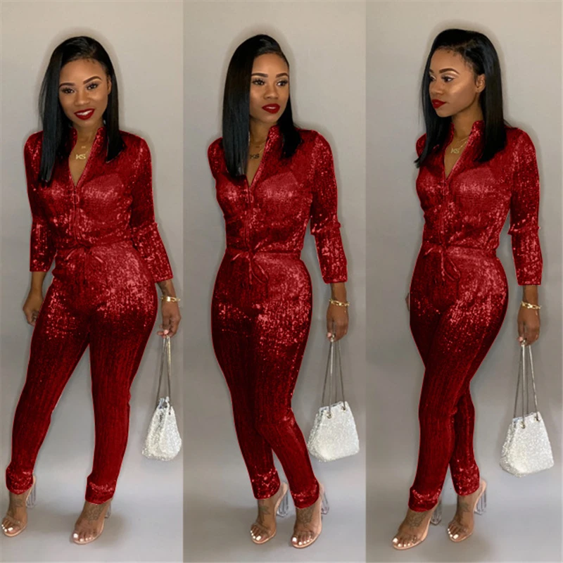 

Dazzling Gilding Women Jumpsuit Zipper Turtleneck Long Sleeve Romper Club Party Overalls Female Jumpsuit Plus Size 3XL