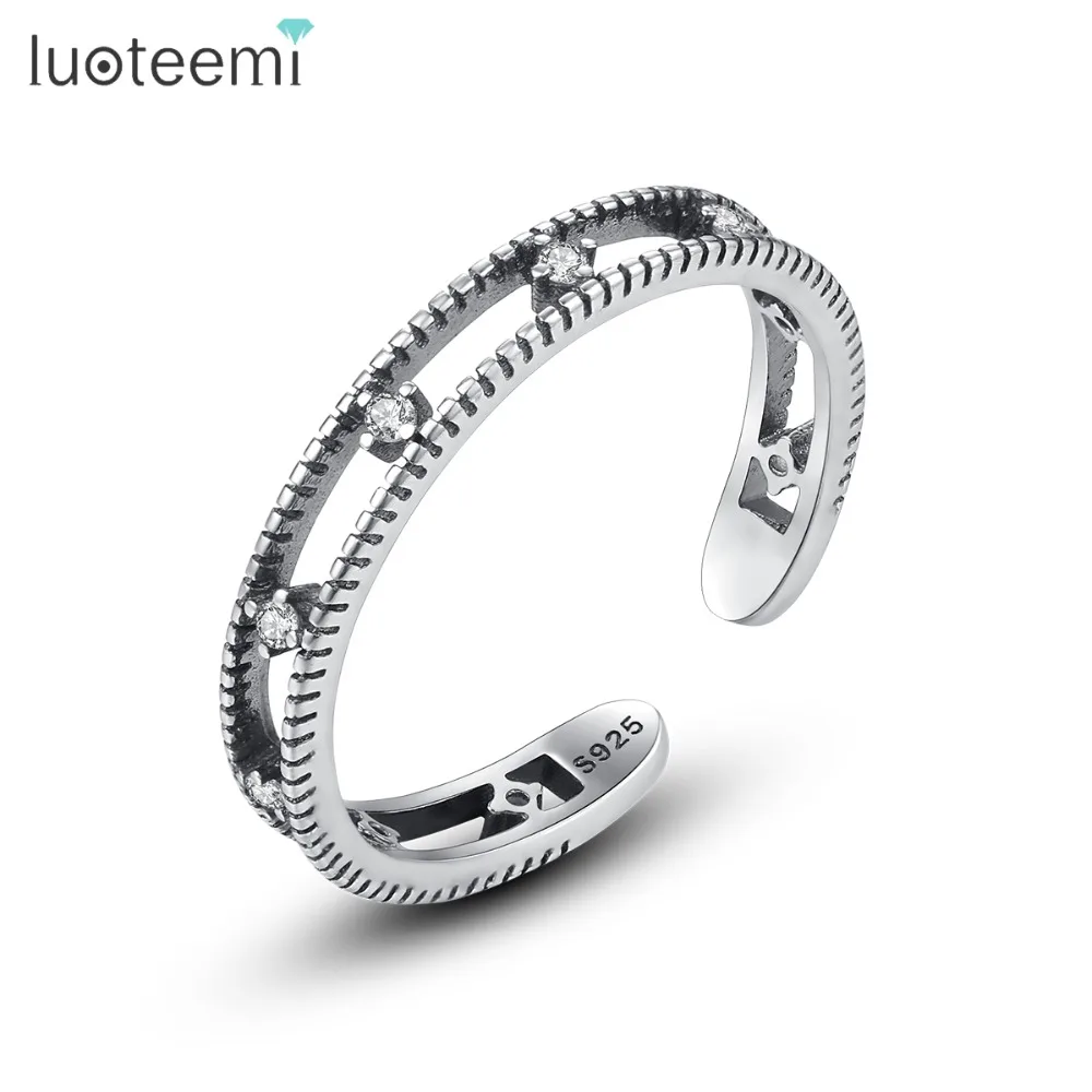 

LUOTEEMI Genuine 925 Silver Sterling Hollow Simple Rings for Women Party with Micro Cubic Zircon Vintage Open Rings Jewelry Gift