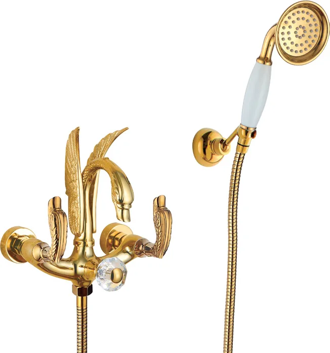 Свободно стоящий роскошный Ti-Gold настенный Лебедь Ванна Душ Наполнитель кран с ручной душ лебедь ручки кристалл переключающий